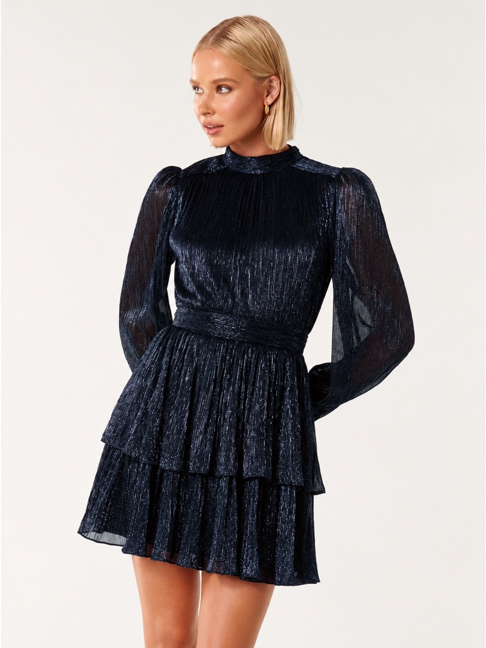 Express Navy Metallic Tiered Long-Sleeve Dress
